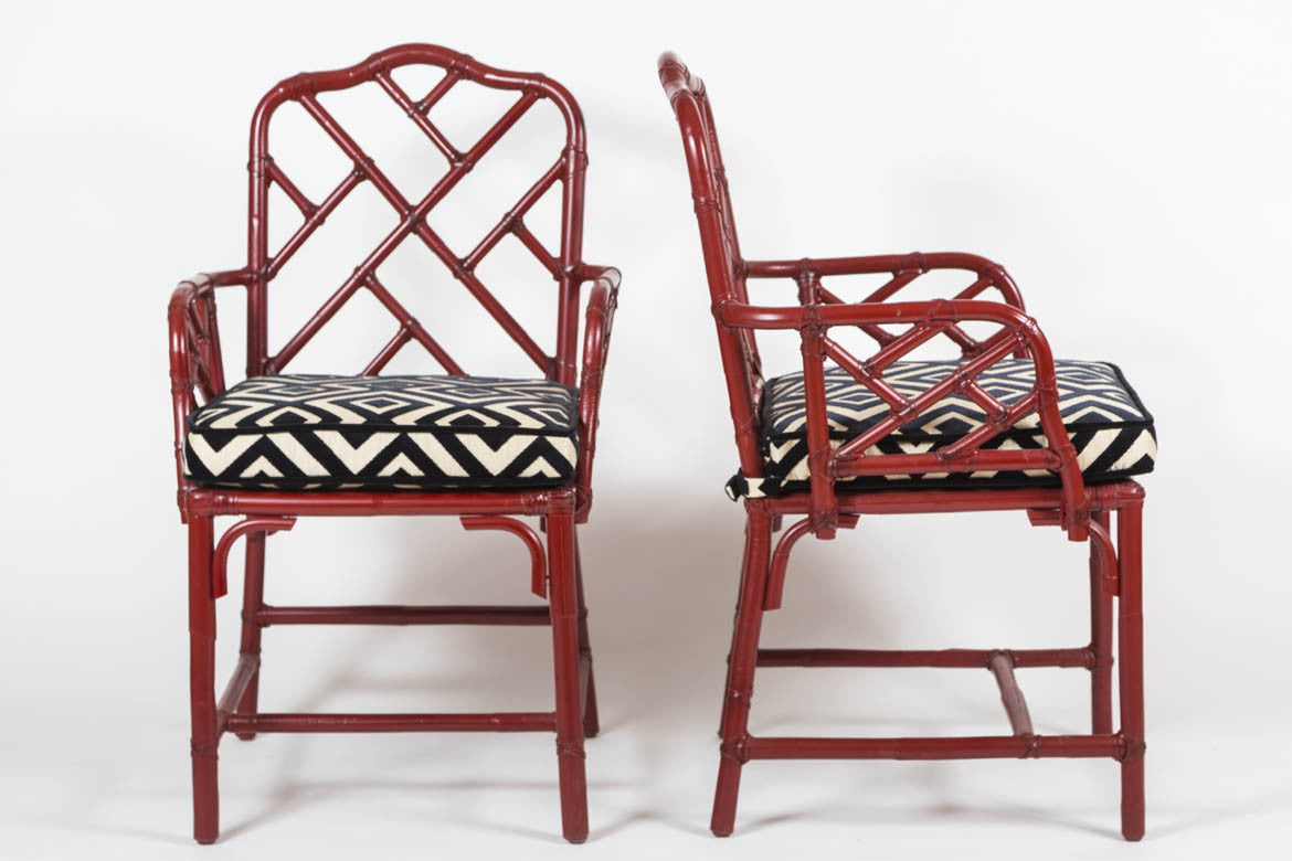 
                  
                    Pair of Vintage, Chinese Red, Bamboo, Chinese Chippendale Armchairs with custom cushions - City of Z Design
                  
                