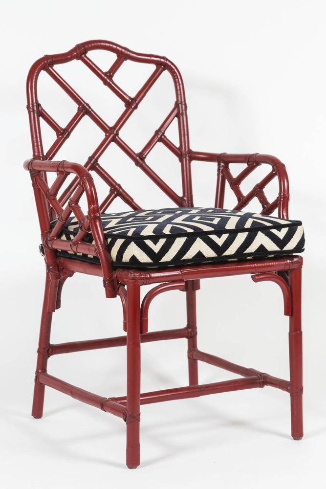 
                  
                    Pair of Vintage, Chinese Red, Bamboo, Chinese Chippendale Armchairs with custom cushions - City of Z Design
                  
                