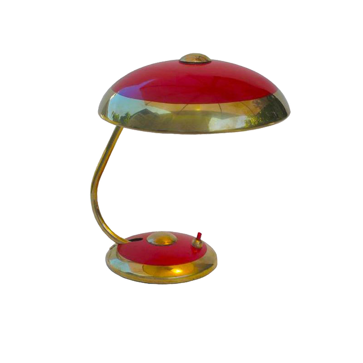 
                  
                    Vintage Mid Century German Table Lamp, Red with Brass Trim
                  
                