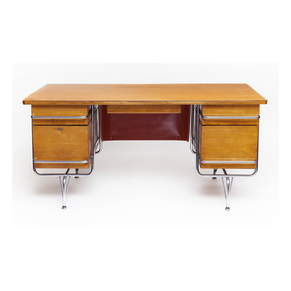 Mid-Century-Desk-Kem-Weber-Tubular-Frame-Chrome-Maple-Wood
